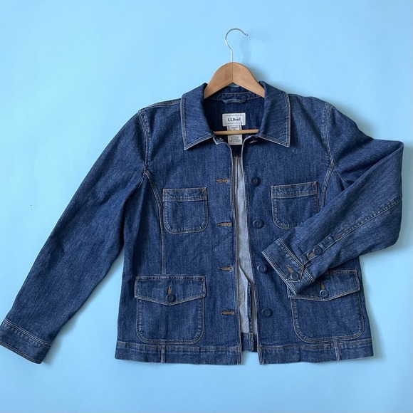 L.L. Bean Women's Denim Utility Chore Jacket Blue Cotton Stretch Petite Medium M - Picture 2 of 12